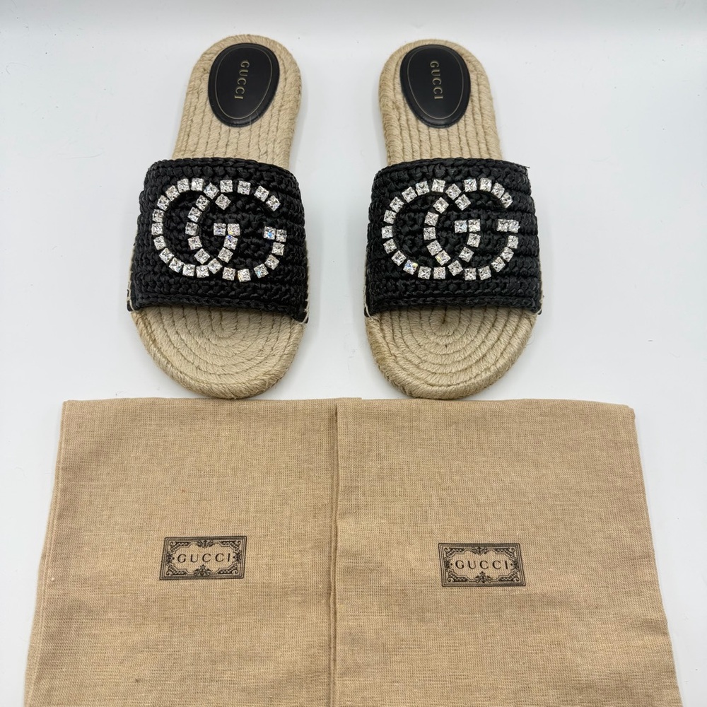 NEW Gucci GG Logo Cora Crystal Black Raffia Embellished Espadrille Sandal Slides